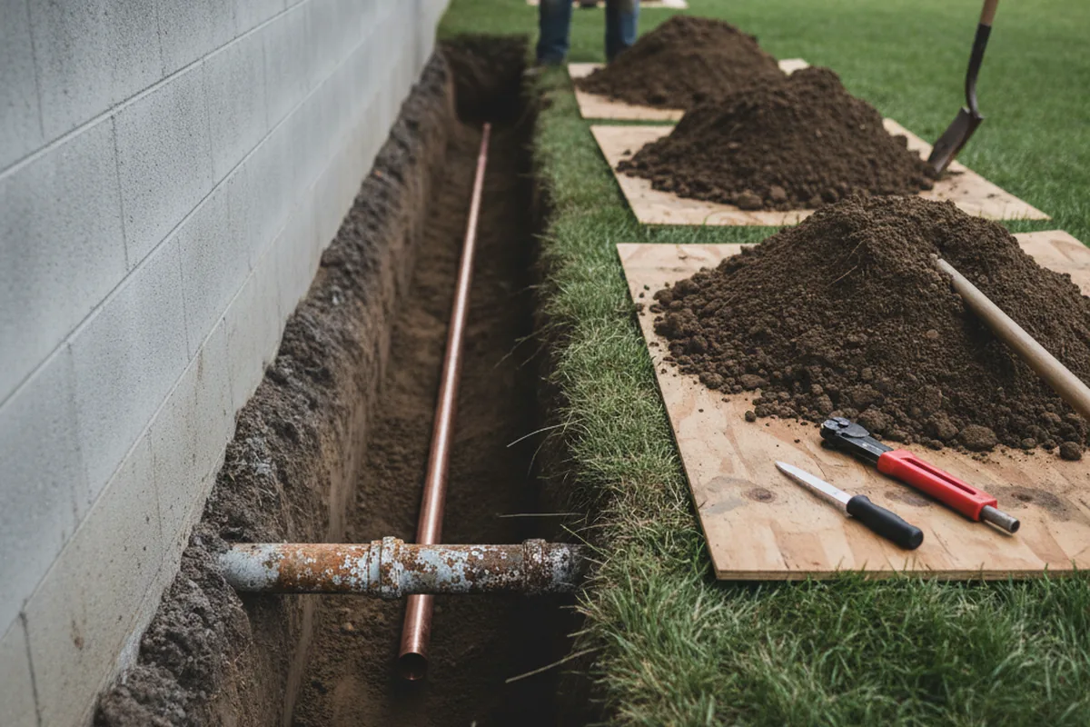 Excavated water line trench during Water Softener Installation in Los Alamos